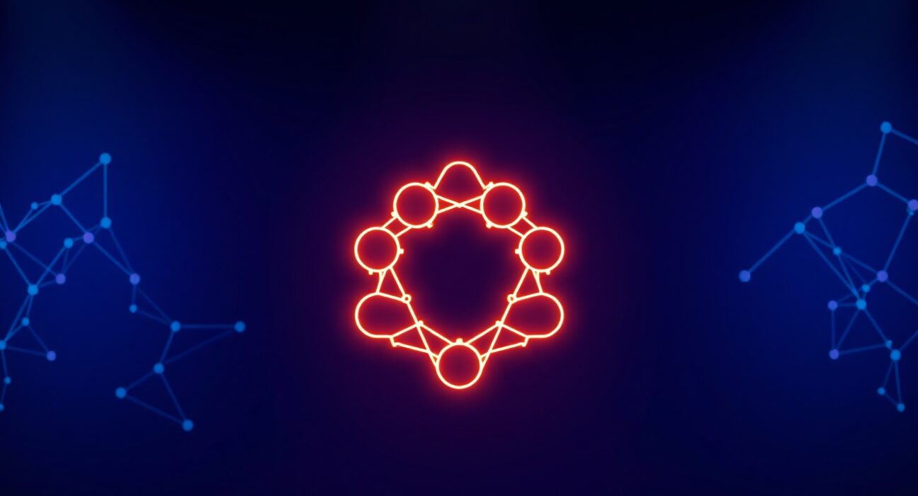 Polkadot network visualization with glowing interconnected nodes on a dark digital background.