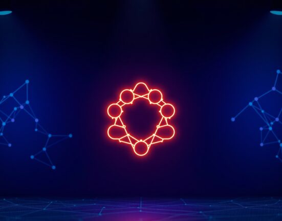 Polkadot network visualization with glowing interconnected nodes on a dark digital background.