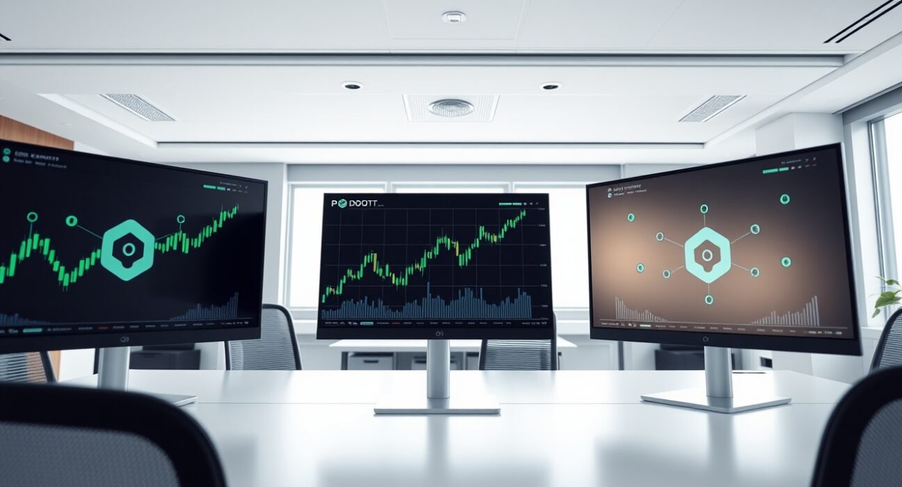 Polkadot price chart on trading monitors with blockchain network graphics in background