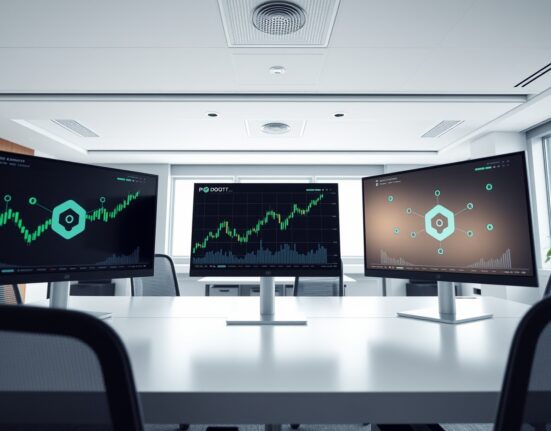 Polkadot price chart on trading monitors with blockchain network graphics in background