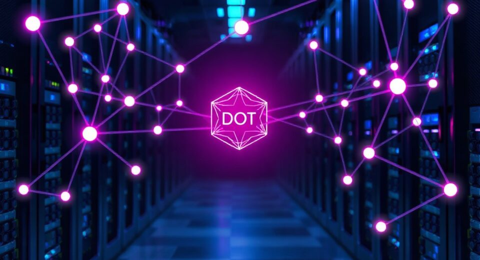 Polkadot blockchain network visualization with glowing DOT token symbol in a data center setting
