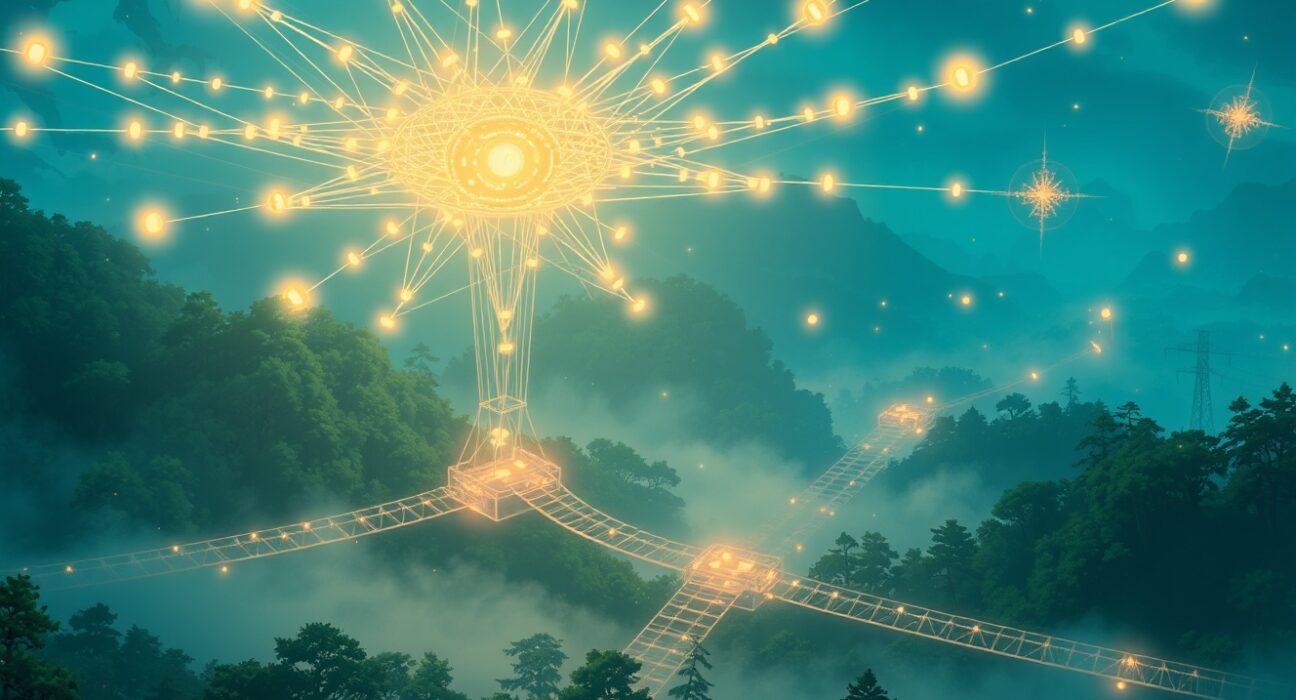 Polkadot's interconnected parachain network visualized as a magical, glowing web in a forest.