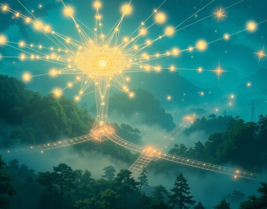 Polkadot's interconnected parachain network visualized as a magical, glowing web in a forest.