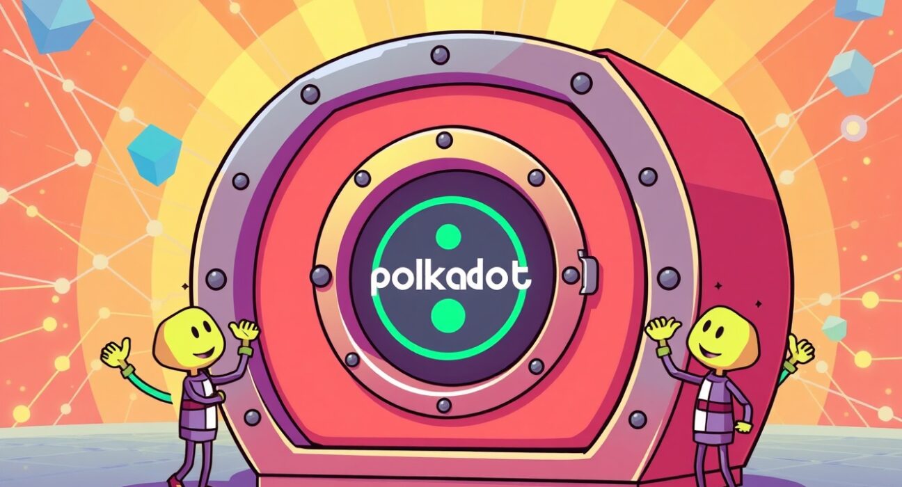 A vibrant cartoon showing a sealed vault symbolizing the approved Polkadot DOT supply cap, with DAO members celebrating the crucial decision.