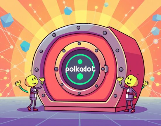 A vibrant cartoon showing a sealed vault symbolizing the approved Polkadot DOT supply cap, with DAO members celebrating the crucial decision.