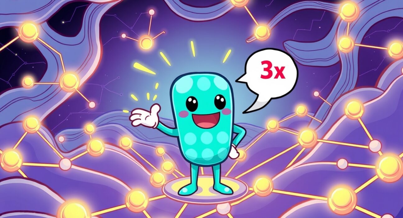 A cartoon illustration showing Polkadot Elastic Scaling dramatically boosting blockchain performance with flexible, expanding blockspace.