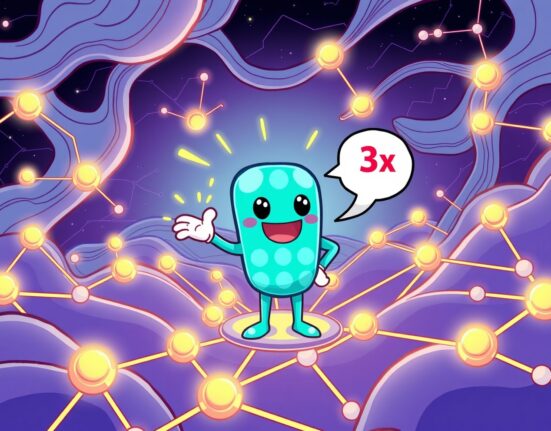 A cartoon illustration showing Polkadot Elastic Scaling dramatically boosting blockchain performance with flexible, expanding blockspace.