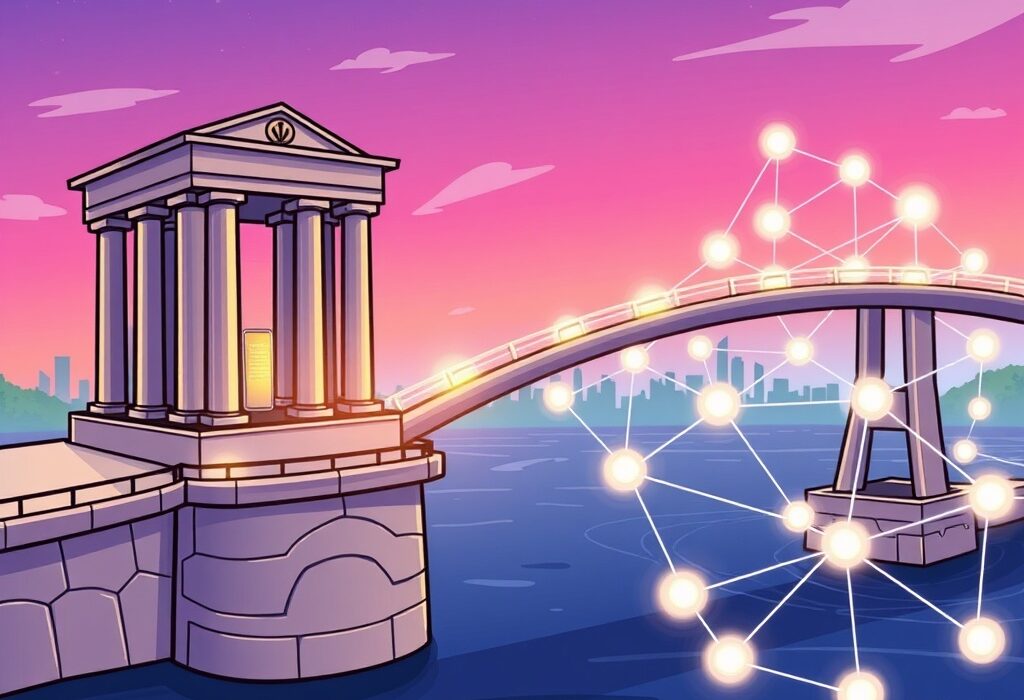A cartoon illustration showing a bridge connecting traditional finance to Polkadot's network, symbolizing Polkadot institutional adoption.