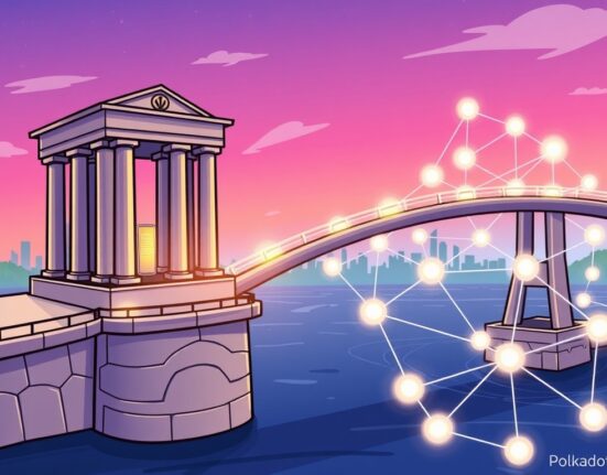 A cartoon illustration showing a bridge connecting traditional finance to Polkadot's network, symbolizing Polkadot institutional adoption.