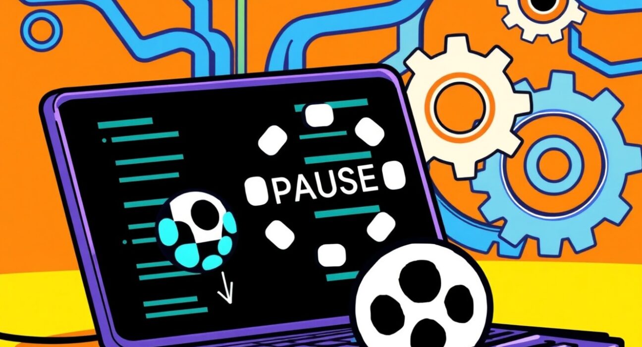 A cartoon illustration showing Bithumb temporarily pausing Polkadot (DOT) deposits for a crucial Polkadot network upgrade.