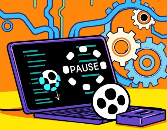 A cartoon illustration showing Bithumb temporarily pausing Polkadot (DOT) deposits for a crucial Polkadot network upgrade.