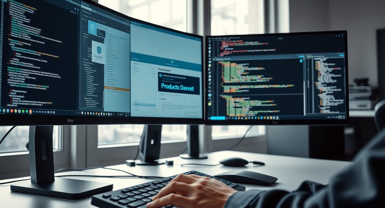 Developer working on Polkadot Products Devnet dashboard with blockchain code on monitors