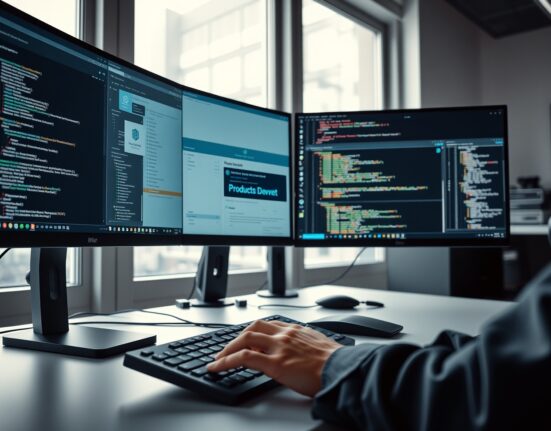 Developer working on Polkadot Products Devnet dashboard with blockchain code on monitors