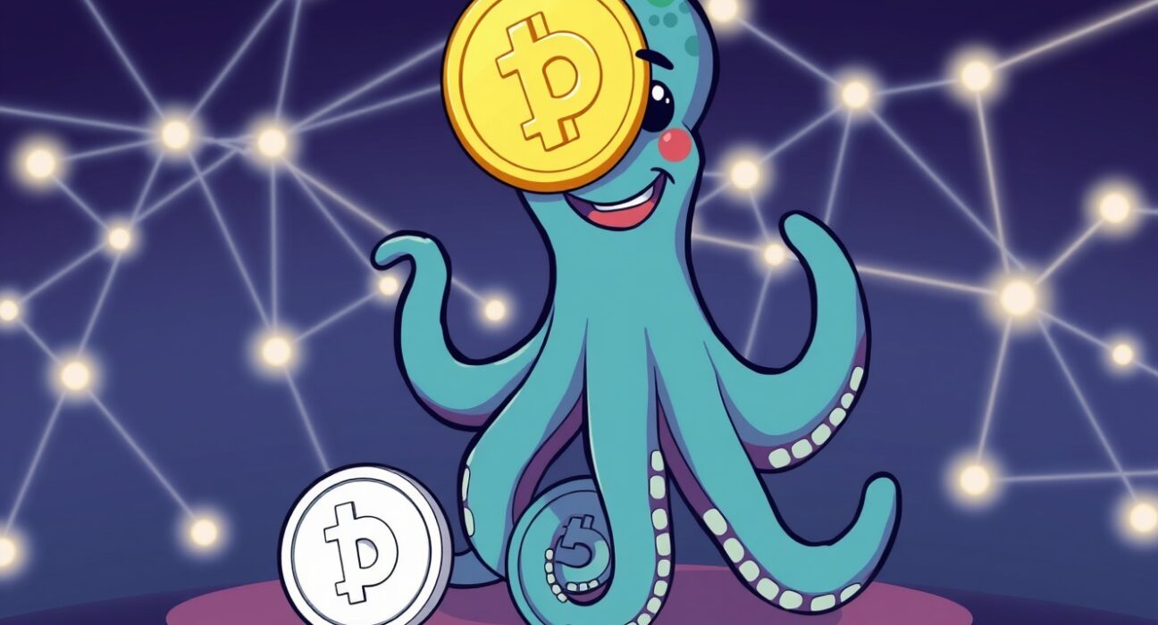 Cartoon octopus (Polkadot) balancing a new pUSD stablecoin, symbolizing Polkadot's strategic shift towards native stablecoin independence.