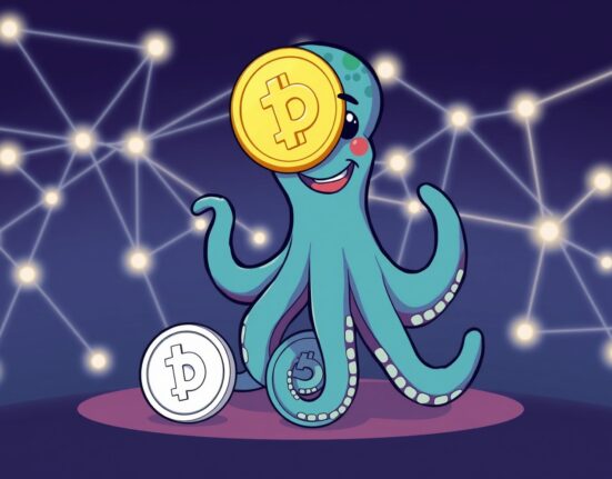 Cartoon octopus (Polkadot) balancing a new pUSD stablecoin, symbolizing Polkadot's strategic shift towards native stablecoin independence.