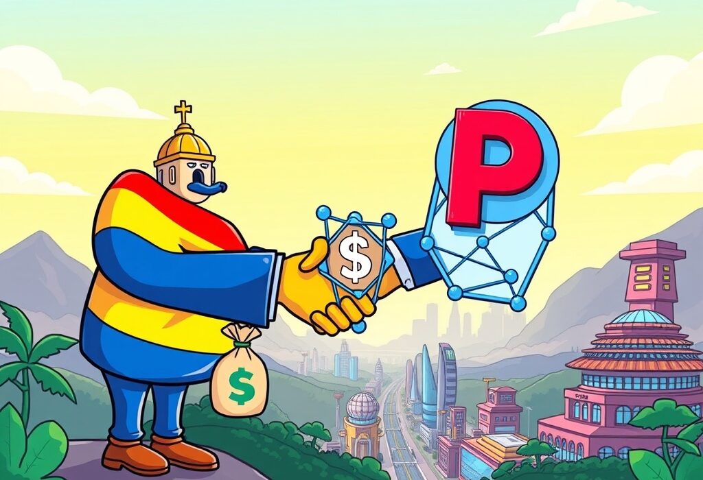 Cartoon showing Paraguay's government investing in Polkadot tokenized shares, fueling an Innovation Valley. This highlights blockchain's role in national development.