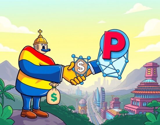Cartoon showing Paraguay's government investing in Polkadot tokenized shares, fueling an Innovation Valley. This highlights blockchain's role in national development.