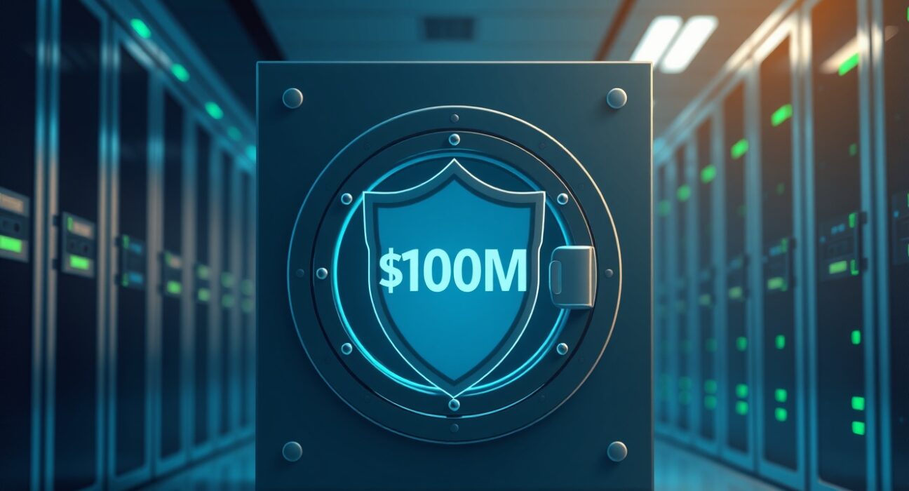 Poloniex's $100 million user protection fund represented as a secure digital vault for cryptocurrency assets.