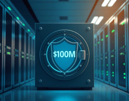 Poloniex's $100 million user protection fund represented as a secure digital vault for cryptocurrency assets.