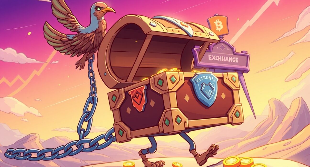 Cartoon illustration of Polychain Capital depositing a large chest of PENDLE tokens to the FalconX exchange, symbolizing a major market move.