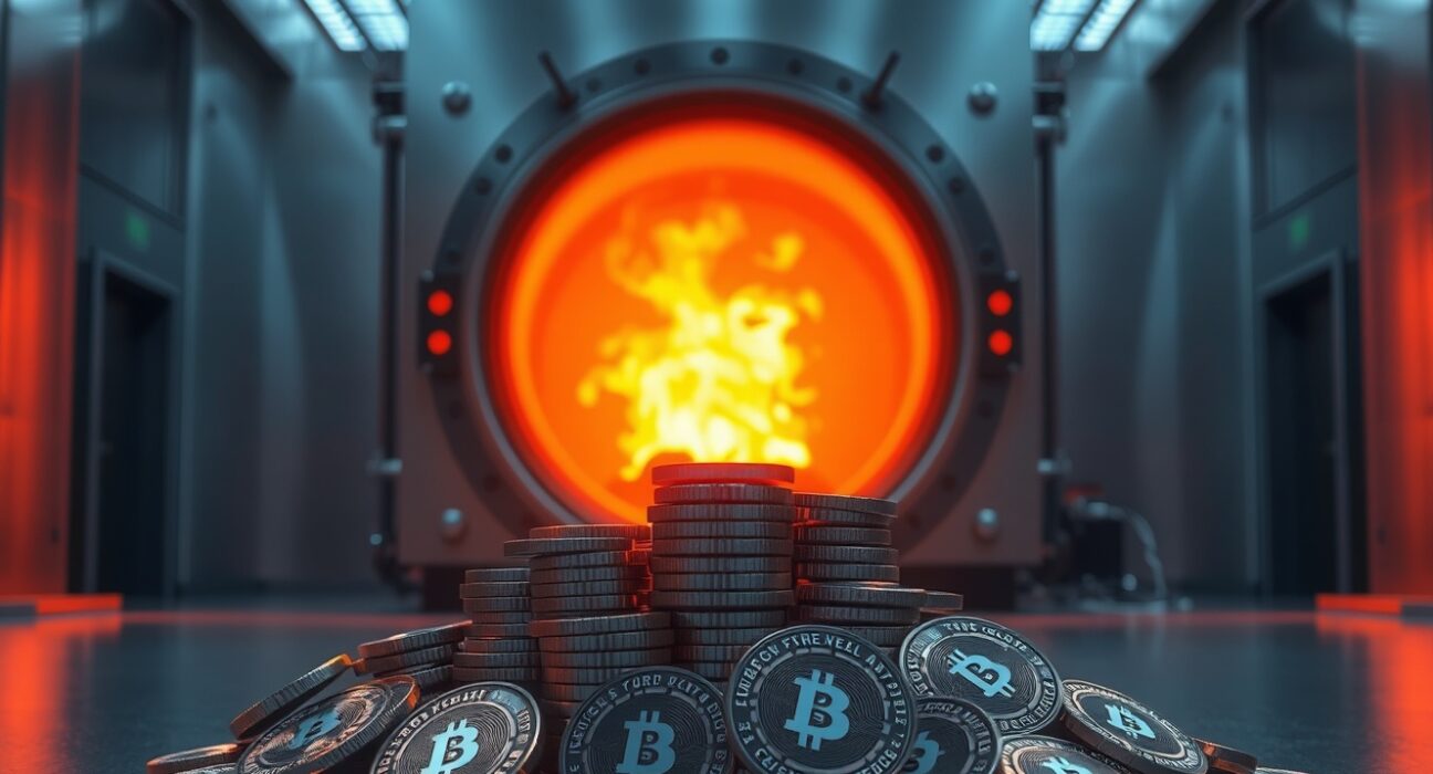 Polygon POL tokens being burned in a furnace, representing deflationary tokenomics