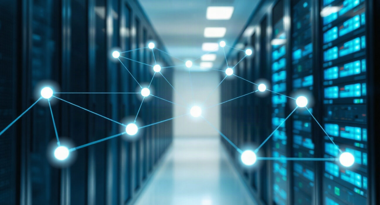 Polygon network security visualization with interconnected nodes in a data center