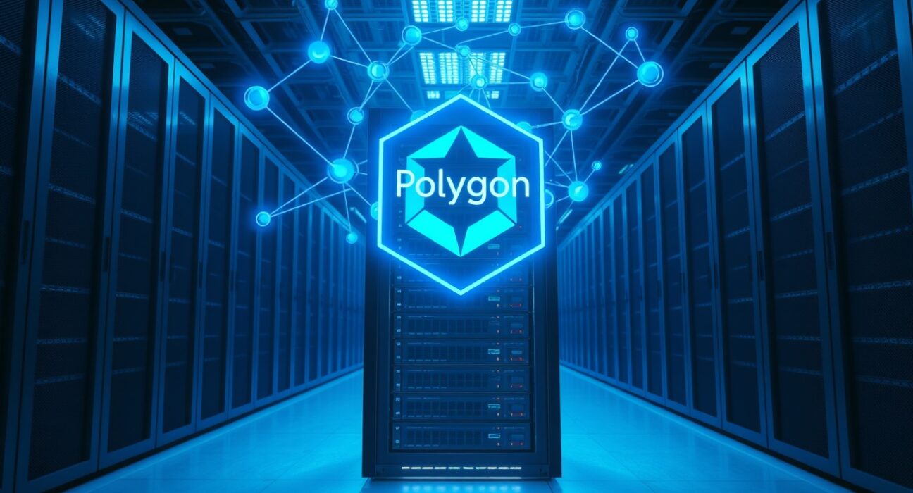 Server room with glowing blockchain network overlay and Polygon holographic emblem