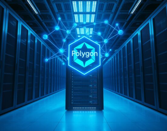 Server room with glowing blockchain network overlay and Polygon holographic emblem