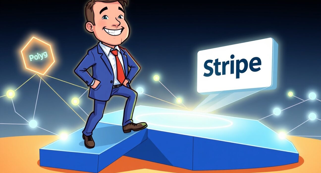 Cartoon of John Egan joining Polygon Labs, symbolizing a significant leadership addition for blockchain product development.