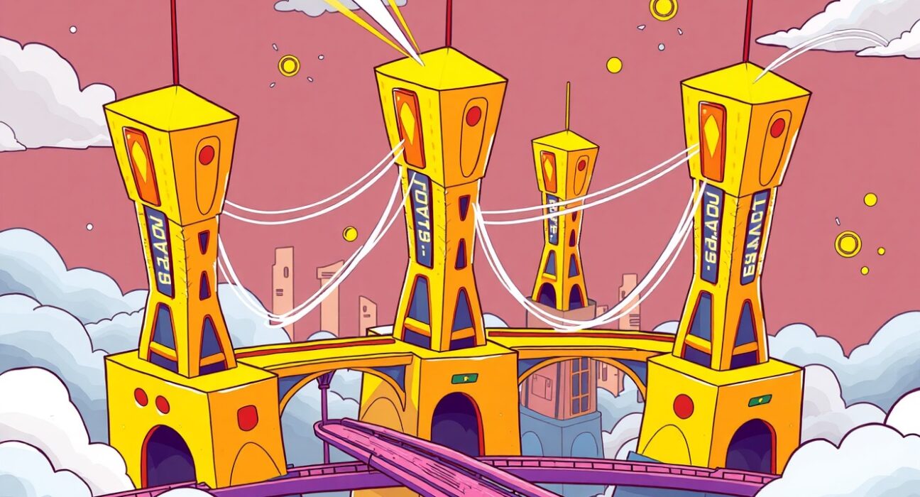 Cartoon illustration of the Polygon Madhugiri hard fork boosting blockchain network speed and connectivity.