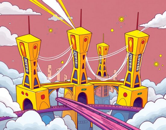 Cartoon illustration of the Polygon Madhugiri hard fork boosting blockchain network speed and connectivity.