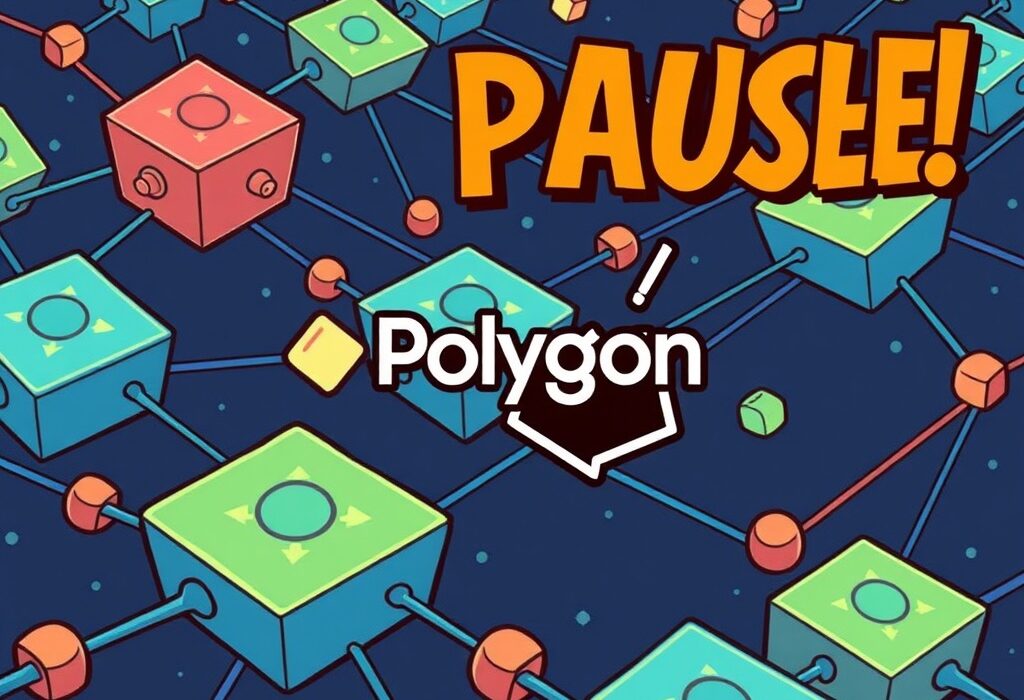 A cartoon illustration showing the Polygon network experiencing a temporary block production halt, conveying a pause in digital activity.