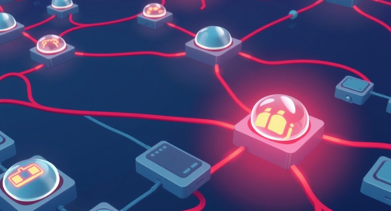 A cartoon depiction of a digital network experiencing temporary Polygon network delays, with a team working to resolve the issue.