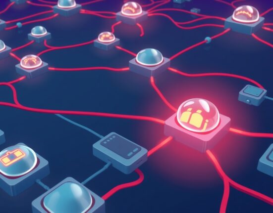 A cartoon depiction of a digital network experiencing temporary Polygon network delays, with a team working to resolve the issue.
