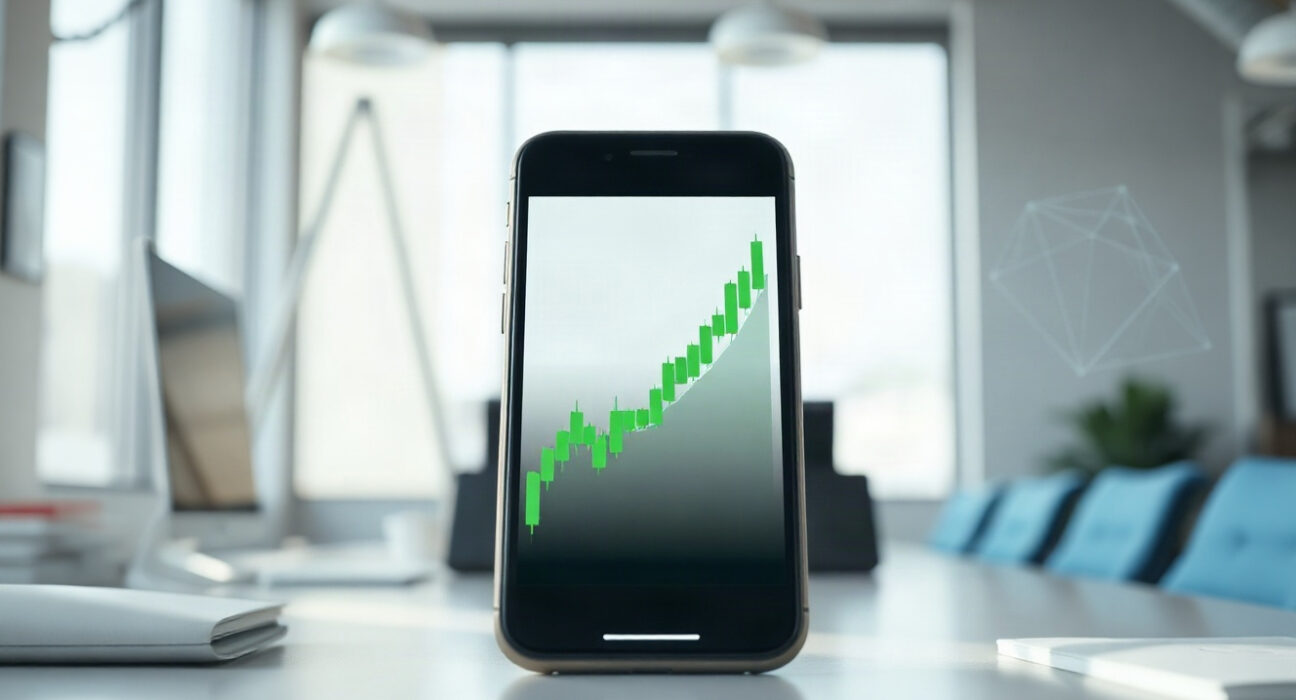 Smartphone showing a rising POL price chart on a desk, symbolizing the ongoing rally.