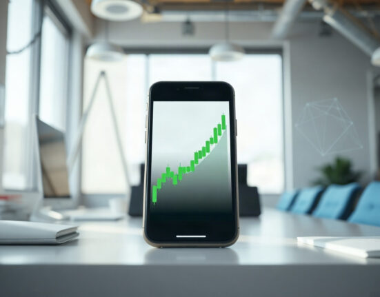 Smartphone showing a rising POL price chart on a desk, symbolizing the ongoing rally.
