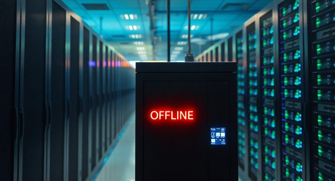 Data center server rack with red offline status light, representing Polygon zkEVM shutdown