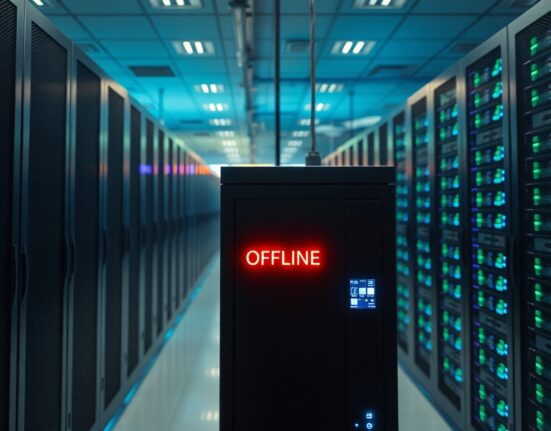 Data center server rack with red offline status light, representing Polygon zkEVM shutdown