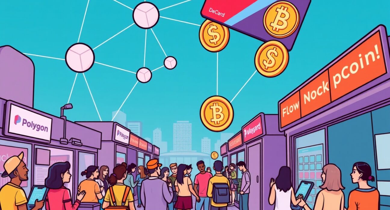 Cartoon showing Polygon stablecoin payments enabling seamless transactions at millions of global merchants via DeCard.