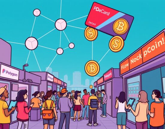 Cartoon showing Polygon stablecoin payments enabling seamless transactions at millions of global merchants via DeCard.