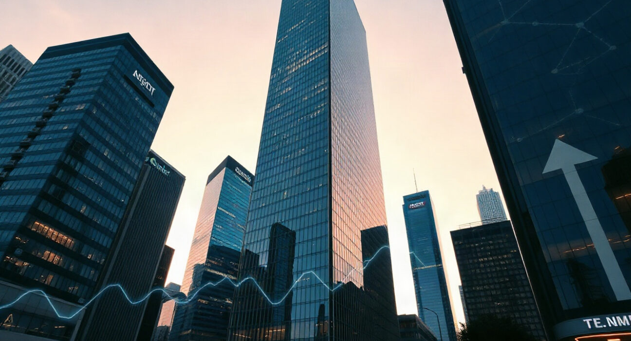 Modern financial district skyline at dusk with digital chart overlays, representing Polymarket's $1B funding round.