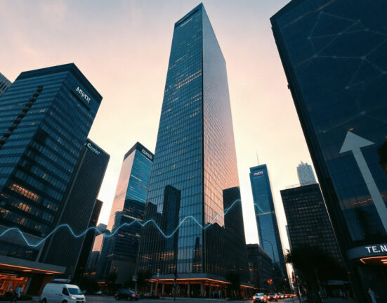 Modern financial district skyline at dusk with digital chart overlays, representing Polymarket's $1B funding round.