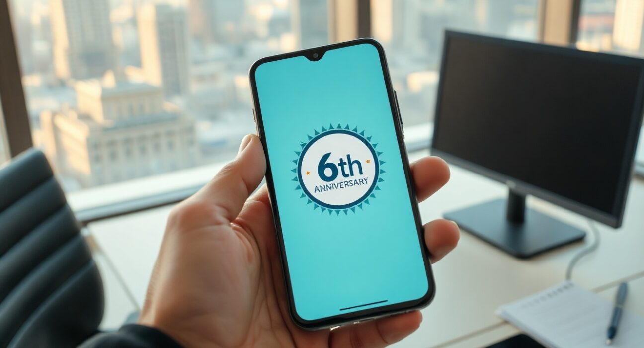 Smartphone displaying Polymarket app with 6th anniversary celebration on a desk