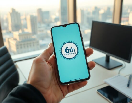 Smartphone displaying Polymarket app with 6th anniversary celebration on a desk