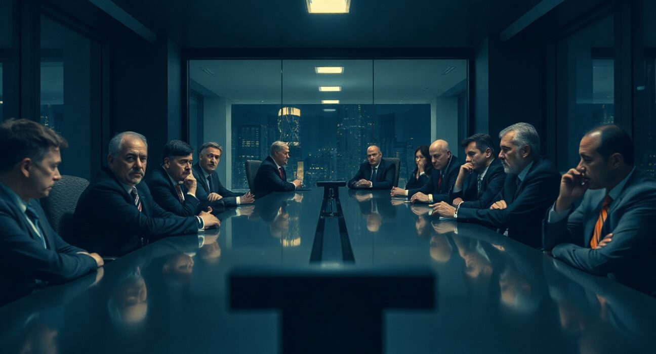 Corporate boardroom scene representing tension between Polymarket and Kalshi over espionage allegations