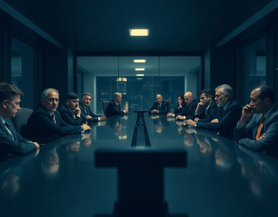 Corporate boardroom scene representing tension between Polymarket and Kalshi over espionage allegations