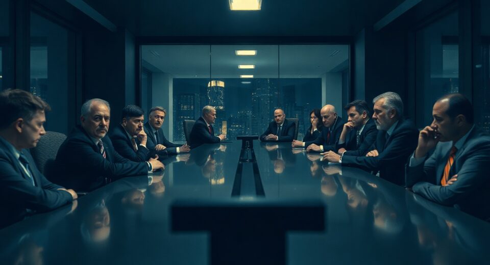 Corporate boardroom scene representing tension between Polymarket and Kalshi over espionage allegations