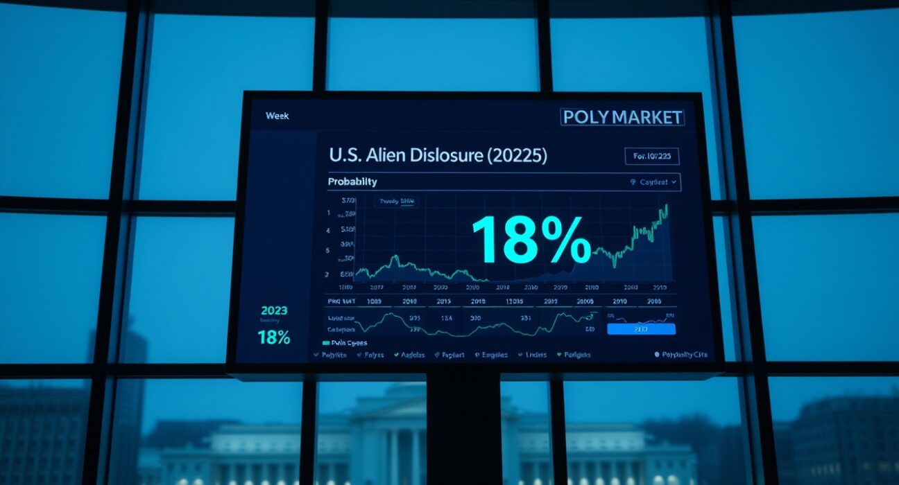 Polymarket prediction market interface showing 18% probability for U.S. alien disclosure in 2025