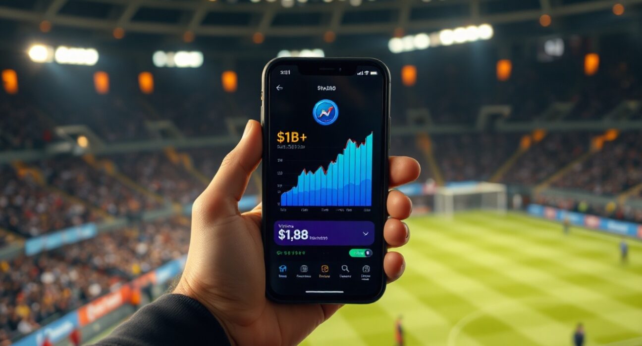 Smartphone displaying Polymarket trading interface with $1 billion volume milestone, set against a blurred sports arena background.