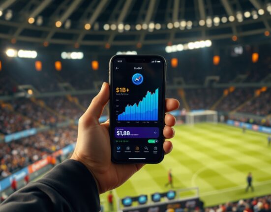 Smartphone displaying Polymarket trading interface with $1 billion volume milestone, set against a blurred sports arena background.